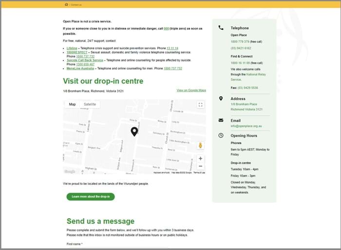 A screenshot of the contact page on the Open Place website showing links to crisis services, a map of the drop in centre location, opening hours, contact details and the top of an enquiry form